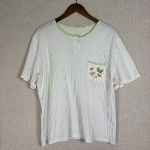White Ribbed Top XL Butterfly Embroidery Gingham Trim Short Sleeve Spring Summer